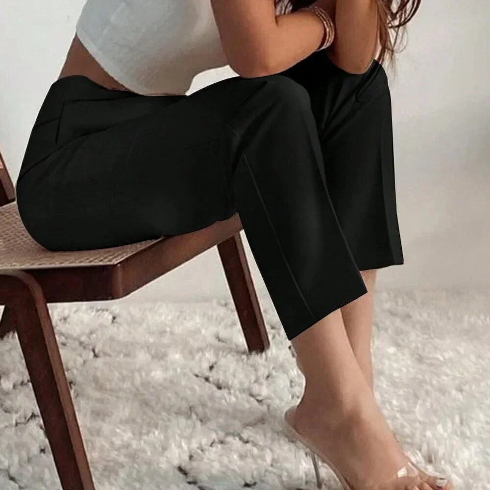 Black Casual Women's Elegant Pleated Side Pocket Skinny Pants